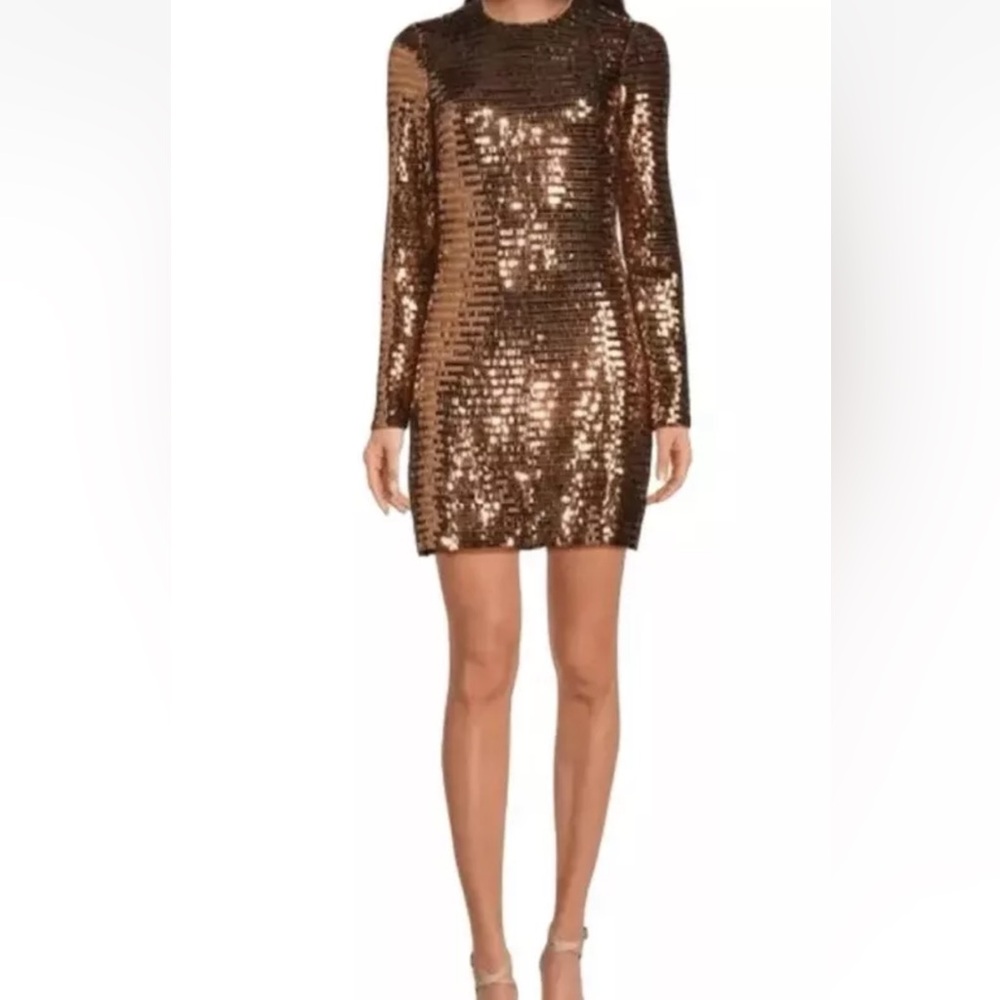 Gianni Bini Nwt Celeste Gold Maze Sequin Crew Neck Long Sleeve Dress